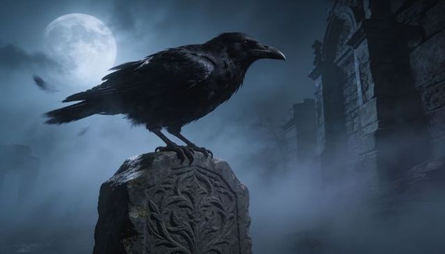 Raven perching on carved tombstone under full moon in foggy gothic ruined graveyard