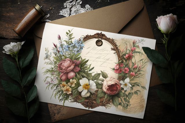 Card with basket of flowers, envelope and white flowers, created using generative ai technology. Celebration, greeting cards and well wishes concept digitally generated image.