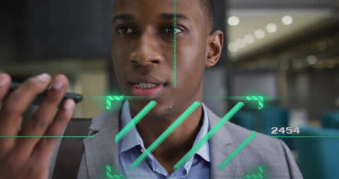 Businessman Using Smartphone with Digital Interface Overlay