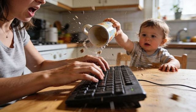 Toddler spilling mug on keyboard while parent typing at kitchen table, work-from-home