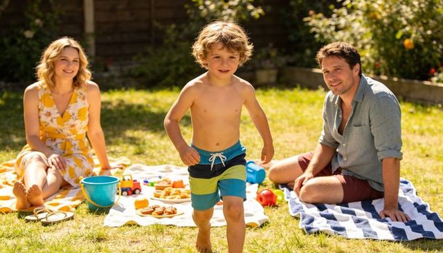 Sunlit family picnic with parents watching young boy running on lawn in backyard