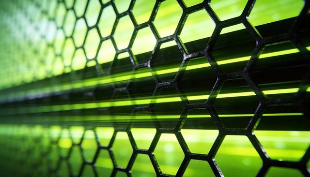 Neon green honeycomb grille with dynamic horizontal light streaks, futuristic background