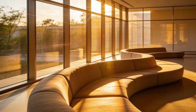 Curved beige sofa basking in warm golden sunlight through floor-to-ceiling windows in modern lobby