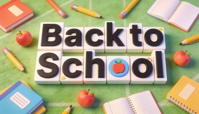 Playful 3d back to school letter tiles with apple icon, pencils and notebooks
