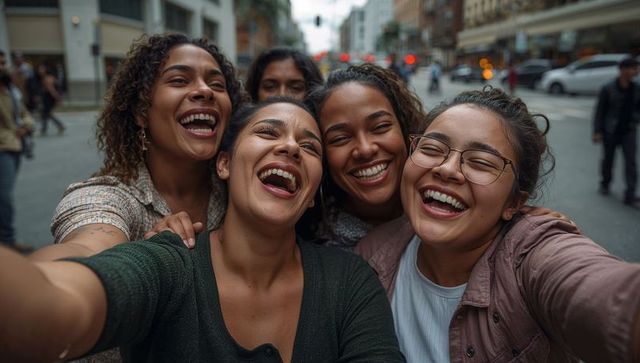 Laughing diverse young women taking selfie on busy downtown street, joyful urban friendship