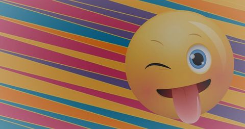 Playful emoji tongue out on colorful striped background