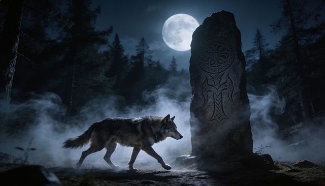 Moonlit wolf prowling past runic stone monolith in foggy pine forest under full moon