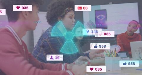 Woman leading team meeting with holographic data overlay and social media metrics