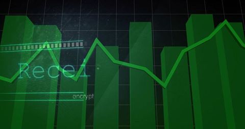 Green fintech dashboard with rising 3d bar charts and jagged trend line on dark grid
