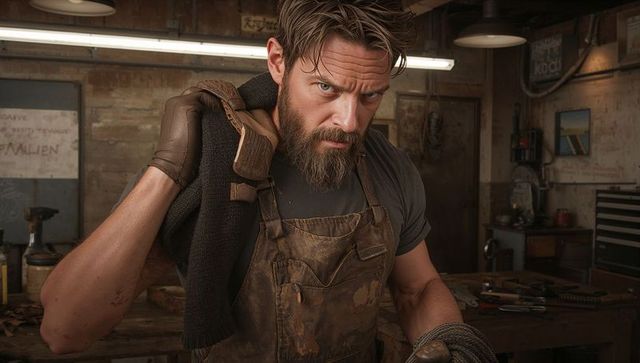 Rugged craftsman working at bench wearing leather apron and glove in industrial workshop
