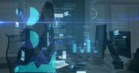 Two Businesswomen Collaborating with Augmented Analytics Dashboards and Data Visualizations