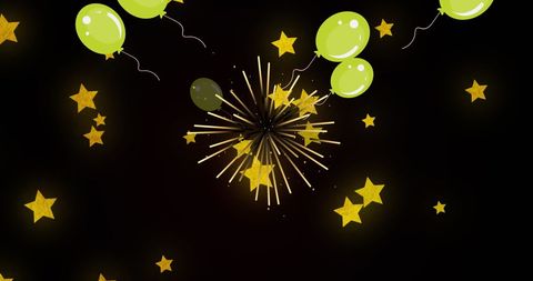 Colorful Balloons and Stars with Fireworks on Dark Background