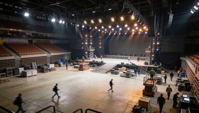 Crew assembling concert stage, installing lighting and rigging in arena