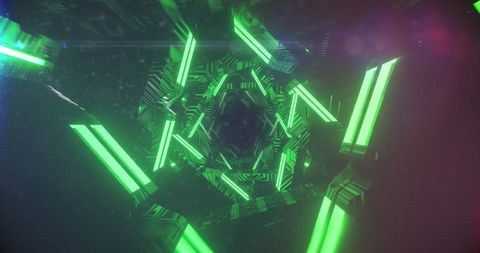 Neon Futuristic Digital Tunnel with Green Lights
