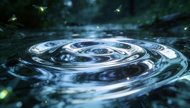 Concentric water ripples forming on twilight forest pond with glowing fireflies and reflections