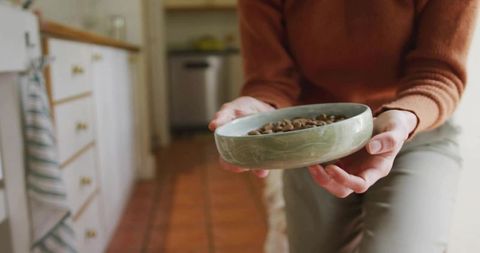 Person holding green bowl with dog kibble in kitchen