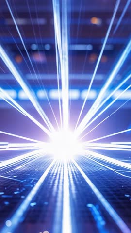 Emerging light launching neon-blue beams across digital grid floor vertical tech video