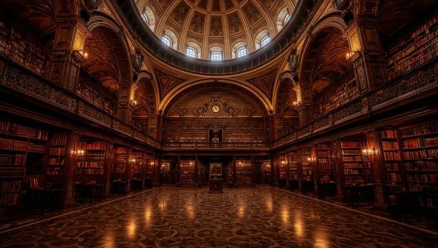 Grand neoclassical library hall with domed ceiling, lectern, ornate wooden bookshelves