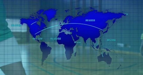 Global Network Map with Data Arcs and Telemetry Overlay over Blurred Office Workspace
