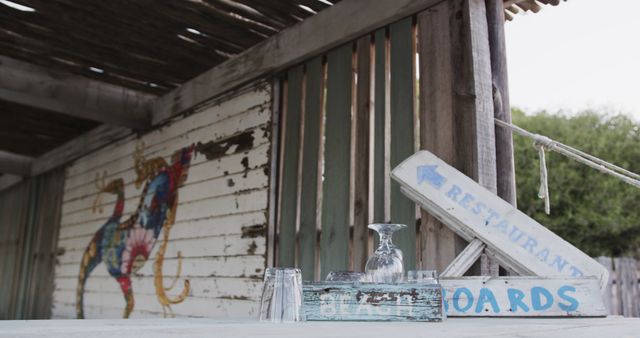 Rustic Outdoor Bar with Vintage Decor and Glassware - Download Free Stock Images Pikwizard.com