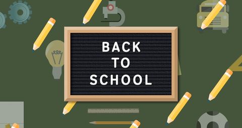 Back to School Chalkboard with Educational Icons on Green Background