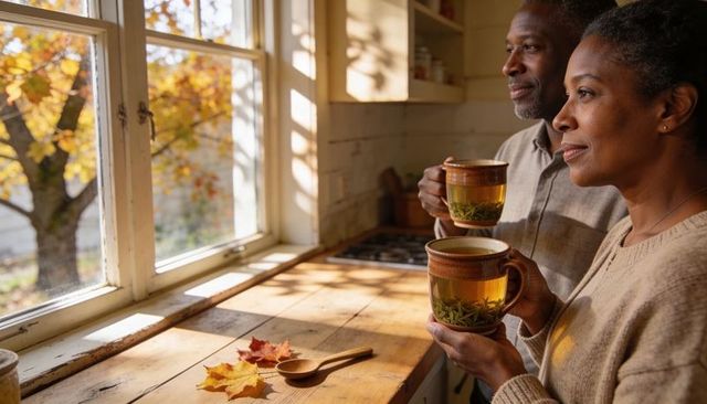Couple holding tea mugs, looking out sunlit farmhouse window on cozy autumn morning