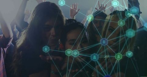 Group of friends enjoying club with digital social overlay