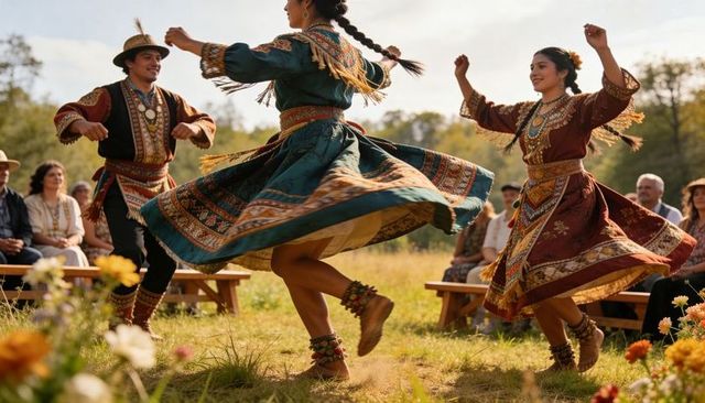 Twirling folk dancers wearing embroidered traditional costumes on sunlit meadow