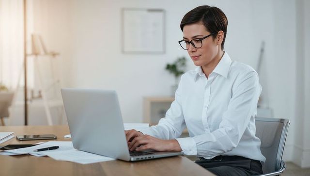 Focused professional woman typing on laptop at modern minimalist office desk, daylight workspace