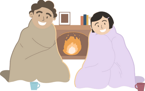 Couple Wrapped in Blankets by Fire with Mugs and Books on Transparent Background