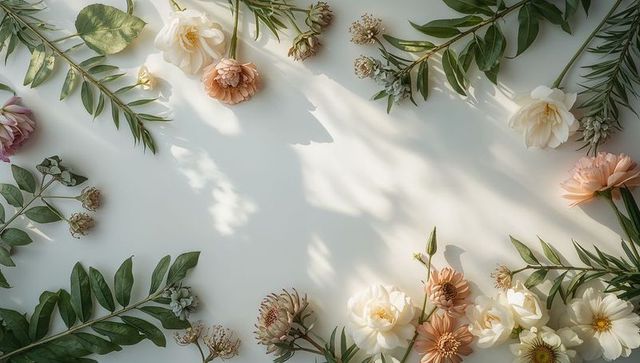 Sunlit pastel floral border framing blank cream background for spring stationery