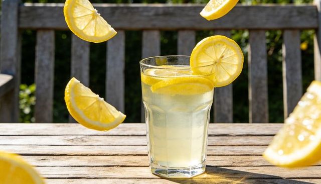Refreshing lemonade glass with falling lemon wedges on sunlit wooden patio table