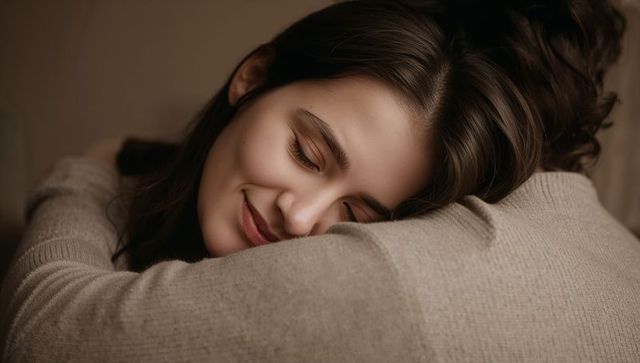 Resting woman leaning on partner shoulder enjoying tender embrace in cozy knit sweaters