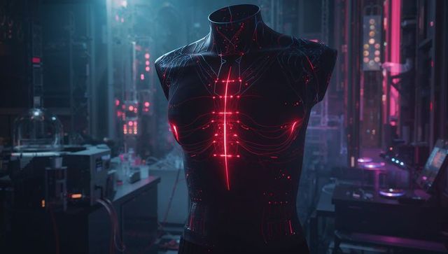 Cyberpunk LED Circuit Torso Bust in Futuristic Laboratory for AI, Robotics, Tech Concepts