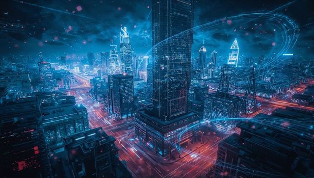 Futuristic Neon Cityscape with Towering Skyscraper and Light Trails