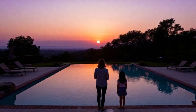 Mother and daughter watching sunset over backyard pool silhouettes reflecting on calm water