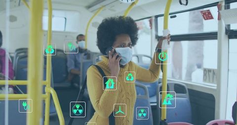 Masked commuter talking on smartphone in city bus