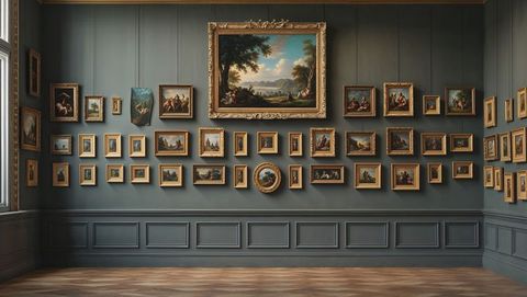 Elegant art gallery with traditional landscape paintings