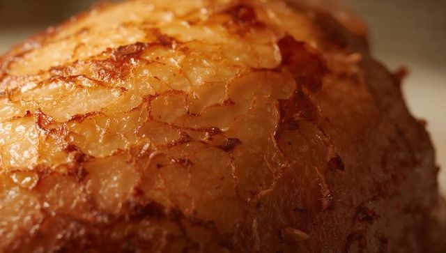 Roasted Potato Skin Crisping Macro Closeup Golden Brown Crust and Oil Glints