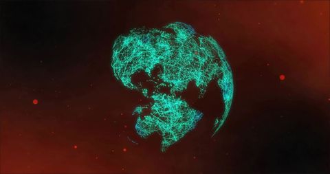 Rotating Teal Wireframe Globe Showing Glowing Network Nodes on Red Space Background