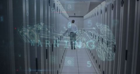 Man Monitoring Server Room with Cybersecurity Warning Displays - Download Free Stock Images Pikwizard.com