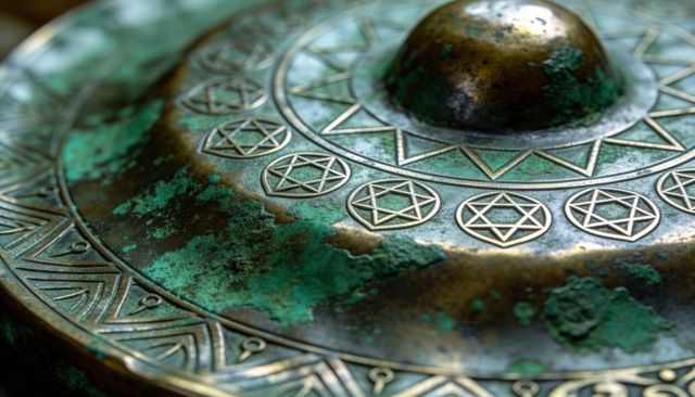 Antique bronze lid showing verdigris patina, engraved hexagrams and radial ornamentation