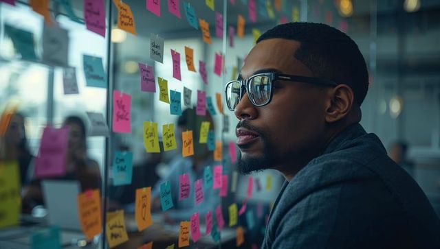 Strategist analyzing ideas on office glass wall in low light