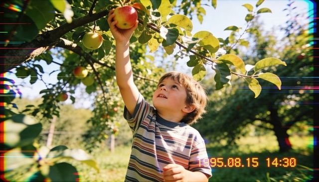 Sunlit boy reaching and picking ripe apple in orchard with vhs 1995 timecode nostalgia