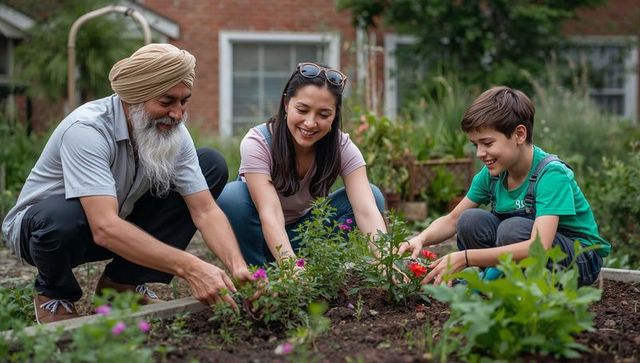 Family Enjoys Outdoor Gardening in Lush Backyard Setting
