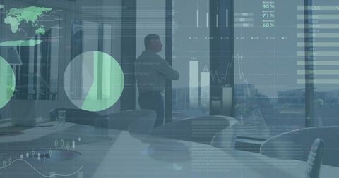 Businessman Analyzing Financial Data with Global Metrics Overlay