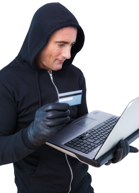 Hacker Holding Credit Card Wearing Hooded Jacket Against White Background - Download Free Stock Videos Pikwizard.com