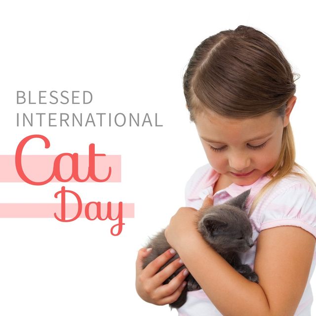 Composite of caucasian girl with kitten and blessed international cat day text on white background - Download Free Stock Videos Pikwizard.com