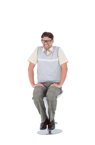 Laughing Man Sitting on Stool Isolated on White