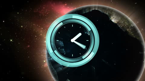 Neon Clock Overlay in Outer Space with Spinning Earth